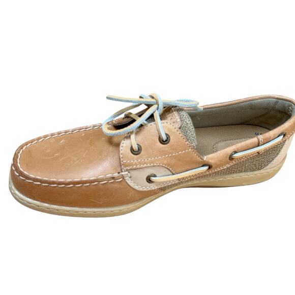 Sperry Bluefish Boat Shoe Women's Size 9 Tan Linen/Oat Leather Flat Moc Toe - Picture 1 of 8